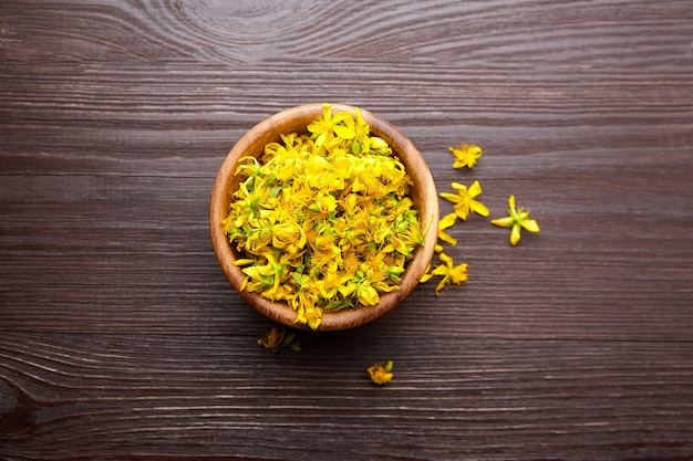 Hypericum perforatum o st johns wort planta brotes de flores en un tazón de madera sobre fondo oscuro, vista superior