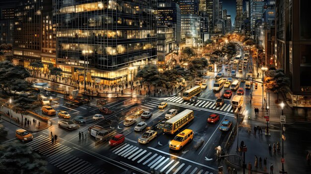 Hyperrealer Blick auf eine belebte städtische Kreuzung bei Nacht