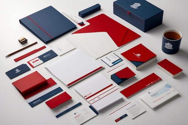 HyperRealistic Corporate Identity Design Template de papelaria clássica com textura de quadrilha de paleta azul e vermelha e Zenith Lighting MockUp