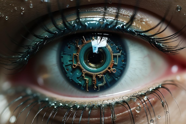 hyperrealistisch das Auge eines humanoiden Androiden anamorphe Bokeh ai generiert