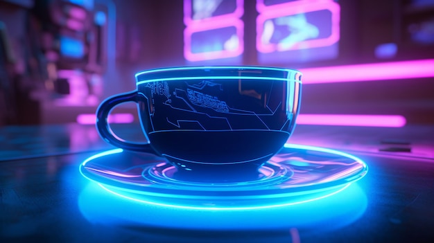 Hyperrealistisch leuchtende Kaffeetasse auf Untertasse, gerendert in 3D mit Neon-Vray- und Raytracing-Technologie