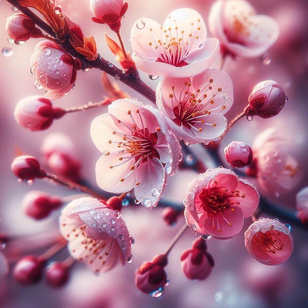 Hyperrealistisch Sakura Kirschblütenbaum Blätter Japanisches Fest Morgen Tau Osaka Tokio rosa