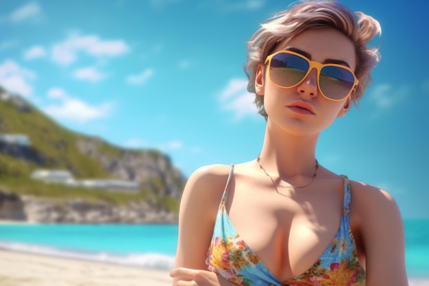 Hyperrealistische 3D-Darstellung einer attraktiven Frau an einem Sommerstrand