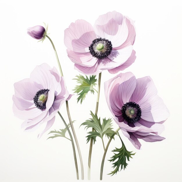 Hyperrealistische Aquarellmalerei von rosa Anemone auf weißem Hintergrund