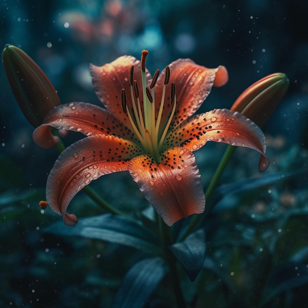Hyperrealistische, atemberaubende und farbenfrohe Lilie in einem magischen, von der KI generierten Hintergrund