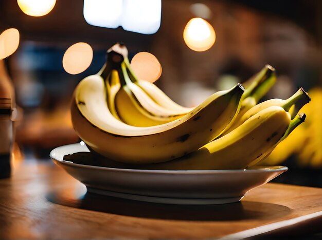 Hyperrealistische Bananen, mittlere Aufnahme, neutrale Farben, warme Beleuchtung, gemütlich, generiert durch generative KI