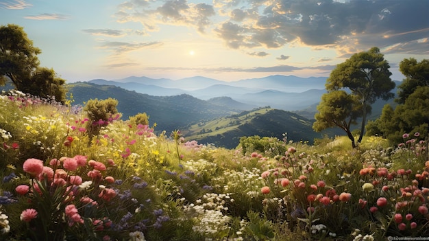 Hyperrealistische Darstellung eines mit Wildblumen bedeckten Hügels