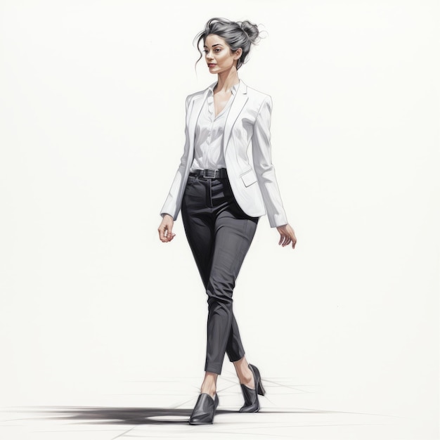 Hyperrealistische digitale Illustration einer eleganten Frau in weißem Geschäftsanzug