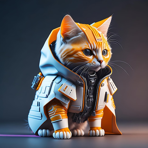 Hyperrealistische futuristische Isometrische Ansicht der Soldatenkatze mit Cyberpunk-Jacke auf weißem Hintergrund