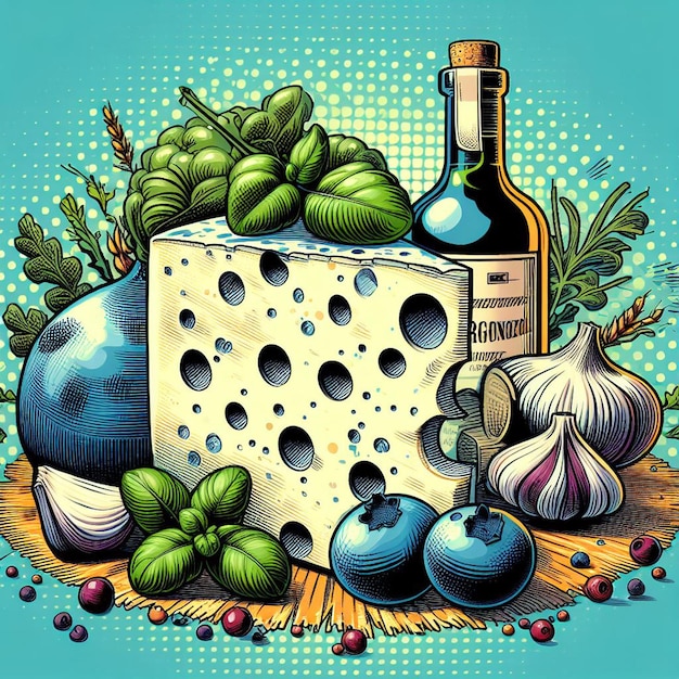 Hyperrealistische Illustration eines köstlichen italienischen Gorgonzola-Käse-Pop-Art-Still-Life-Portraits