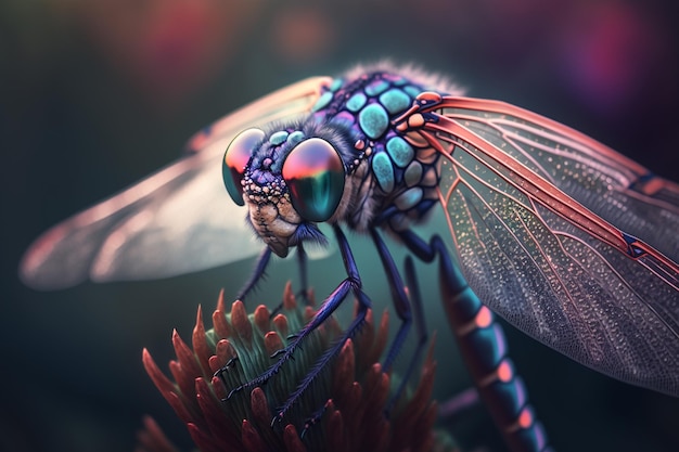 Hyperrealistische Illustration eines von einer Libelle inspirierten Insekts in vergrößerter Nahaufnahme