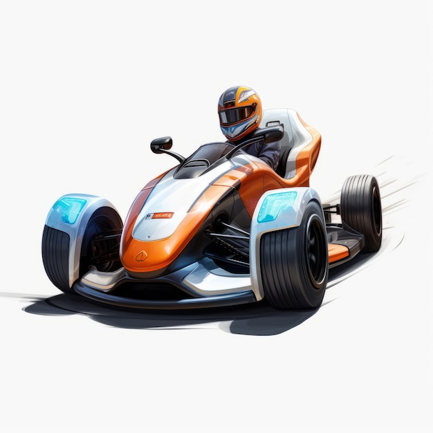 Hyperrealistische Illustration eines weißen und orangefarbenen Kart-Autos