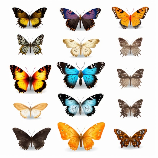 Hyperrealistische Illustrationen verschiedener farbiger Schmetterlinge