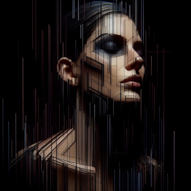 hyperrealistische schöne Frau in einer dunklen launischen Atmosphäre mit abstrakten Linien und geometrischen Formen