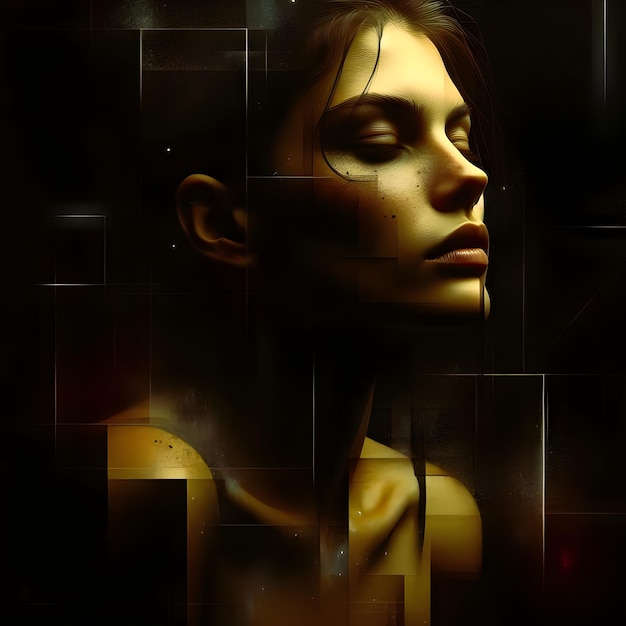 hyperrealistische schöne Frau in einer dunklen launischen Atmosphäre mit abstrakten Linien und geometrischen Formen