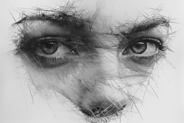 Hyperrealistische schwarz-weiße Porträtskizze mit Bleistift in extremer Nahaufnahme Generative KI