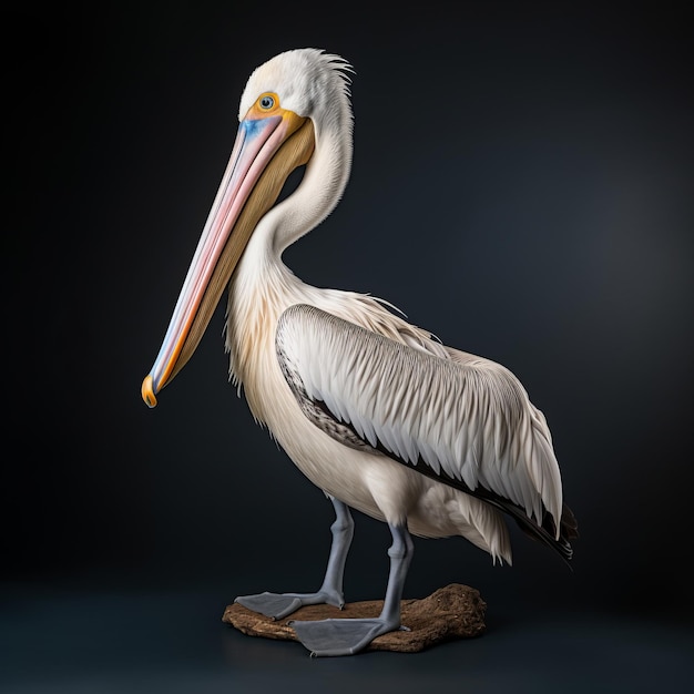Hyperrealistische Skulptur eines ausgestopften Pelikans auf schwarzem Hintergrund