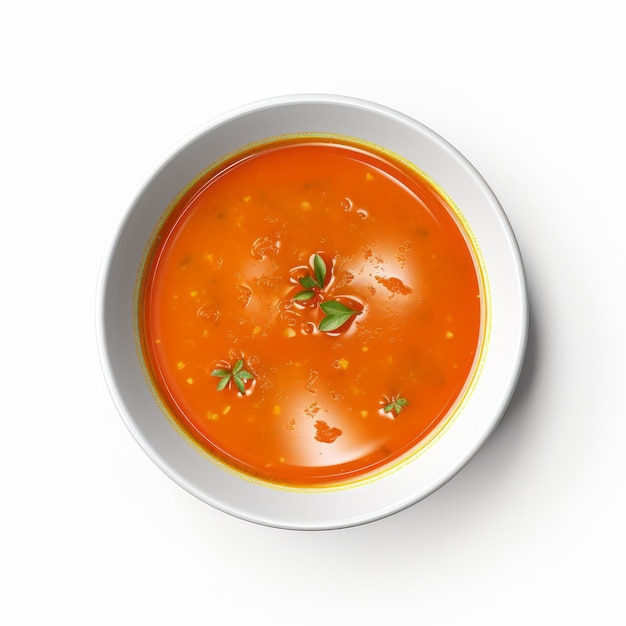 Hyperrealistische Tomatensuppe in einer Schüssel auf weißem Hintergrund