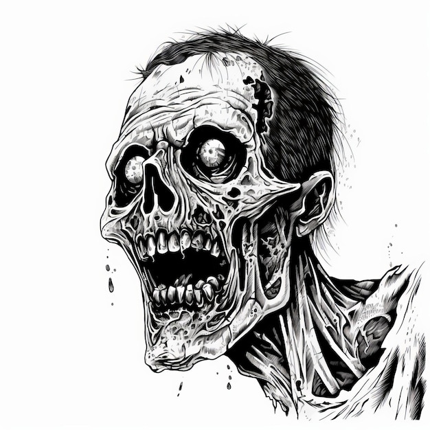 Hyperrealistische Zombie-Comic-Cartoon-Illustration in Schwarz-Weiß herunterladen