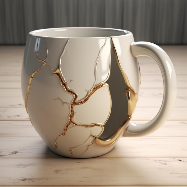 Hyperrealistischer Kaffeebecher aus gebrochenem Gold mit einzigartigem 3D-Design