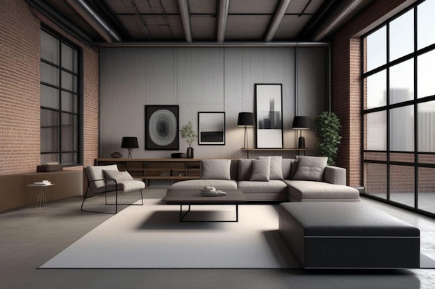 Hyperrealistisches 3D-Rendering eines zeitgenössischen städtischen Loft-Interiors