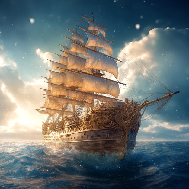 Hyperrealistisches abstraktes Gemälde eines alten Schiffes, das in der Tiefsee segelt