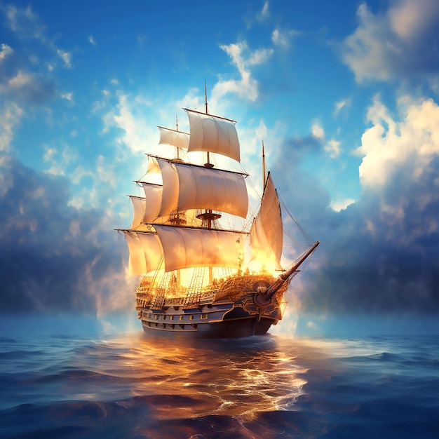 Hyperrealistisches abstraktes Gemälde eines leuchtenden königlichen Schiffes, das im blauen Meer segelt