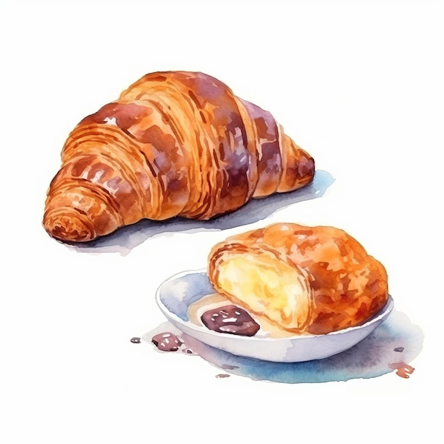 Foto hyperrealistisches aquarell-coffee-shop-bäcker-mandel-croissant mit köstlichem rotem marmeladen-frischkäse