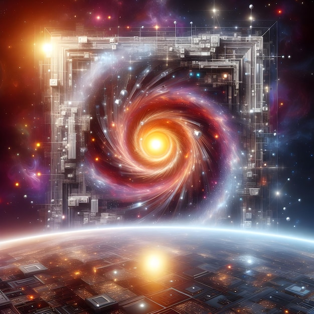 hyperrealistisches Quantencomputing-Kosmoskonzept Quantenbits, die in einer kosmischen Umgebung mit w dargestellt werden