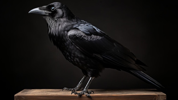Hyperrealistisches Tierporträt Schwarzer Rabe auf Holzplatte