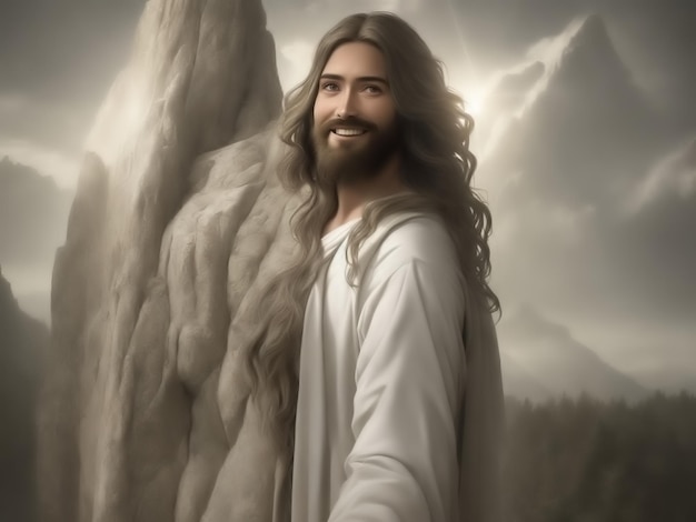 Hyperrealistisches, ultradetailliertes Foto von Jesus, der lächelnd auf einem Hügel in einem Strahl reiner Energie steht