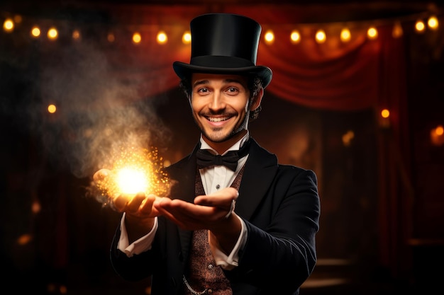 Foto hypnotisierender zauberer, der magie-tricks zeigt, generiert ai