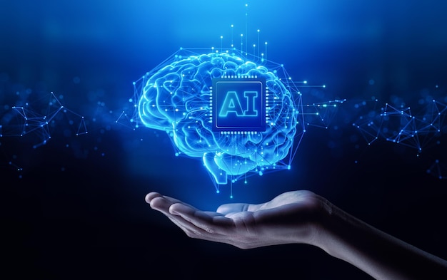 IA y aprendizaje automático Mano sosteniendo un cerebro humano con un chip de inteligencia artificial Gran red de datos Ciencia y concepto futurista
