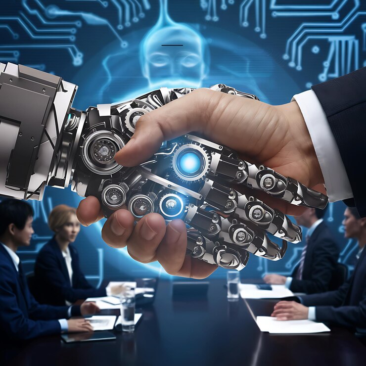 Y la IA El apretón de manos humano en la conferencia para un acuerdo de negocios futurista Las manos humanas y las manos robóticas