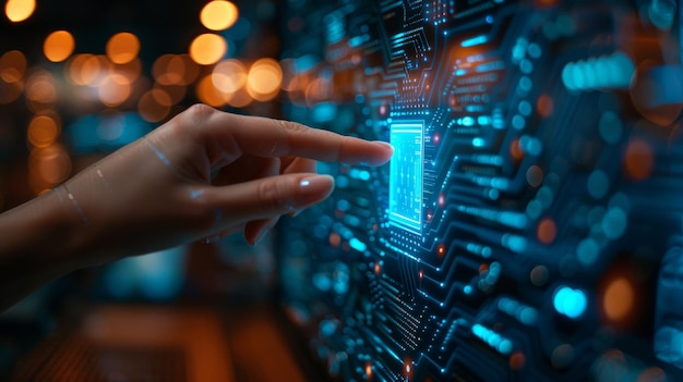 IA com mineração de dados de aprendizagem de máquina e outras tecnologias de computador modernas UI apresentada por uma mão de mulher tocando um ícone de uma CPU