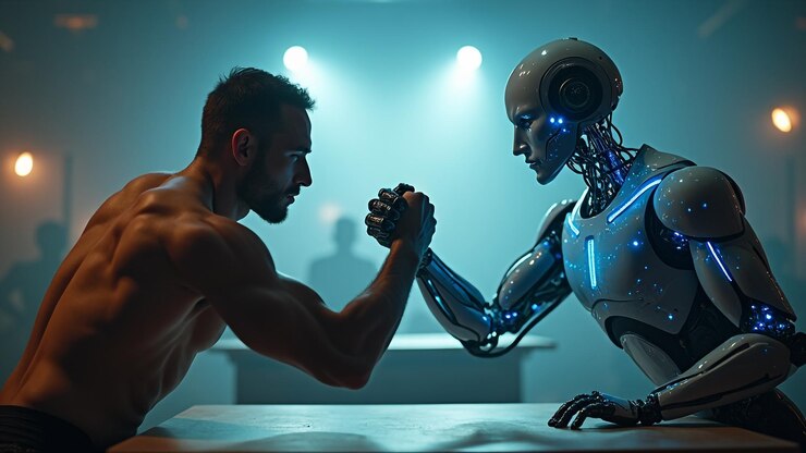 Foto la ia contra la competencia humana en el futuro la batalla futurista por el dominio tecnológico