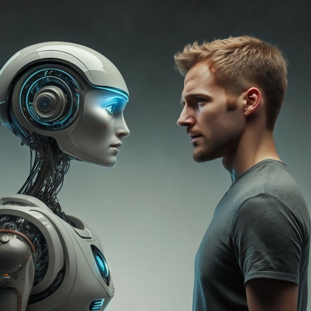 IA contra robô humano e um homem observando um ao outro