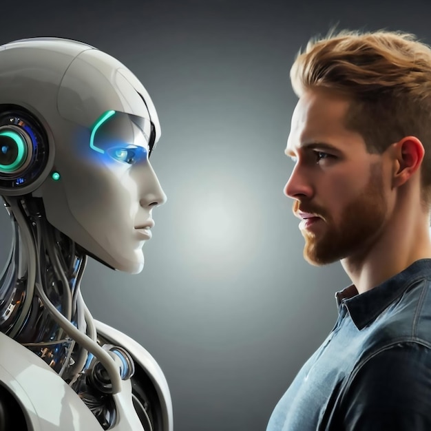 IA contra robot humano y un hombre mirándose el uno al otro