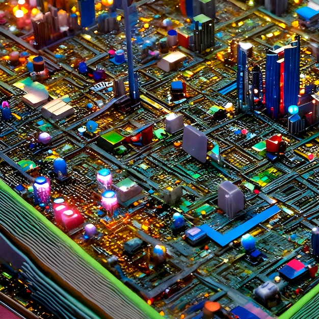 IA de uma placa de circuito com componentes eletrônicos e chips complexos
