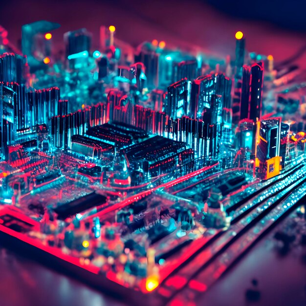 IA de uma placa de circuito com componentes eletrônicos e chips complexos