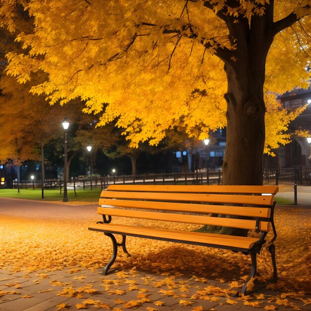 IA do close do banco de madeira ao lado de uma enorme árvore de outono com folhas caindo