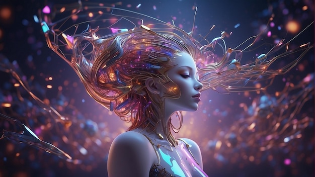 IA feminina autônoma com fundo roxo claro da galáxia
