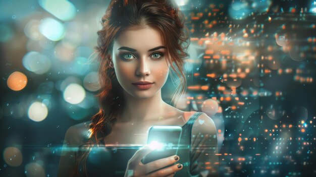 Foto la ia futurista y la mujer de negocios, los teléfonos inteligentes y la conectividad, la superposición de datos cibernéticos y la tecnología en