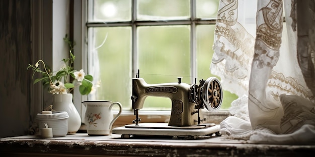 IA generada AI generativa Vintage máquina de coser retro en la ventana con flores Decorativo hogar fondo acogedor Arte gráfico