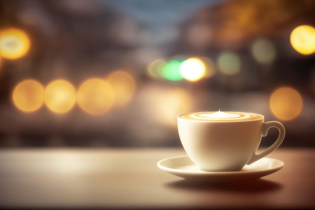 IA generada de café con leche de arte caliente en una taza sobre una mesa de madera y un fondo borroso de cafetería