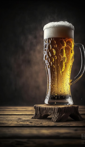 IA generada de cerveza artesanal y de barril en vaso alto con luz de fondo en fondo negro