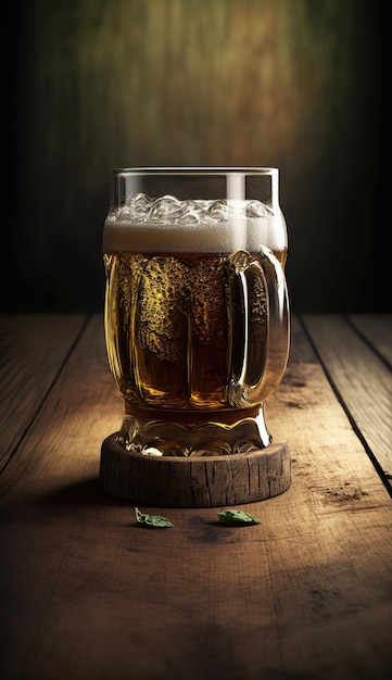 IA generada de cerveza artesanal y de barril en vaso alto con luz de fondo en fondo negro