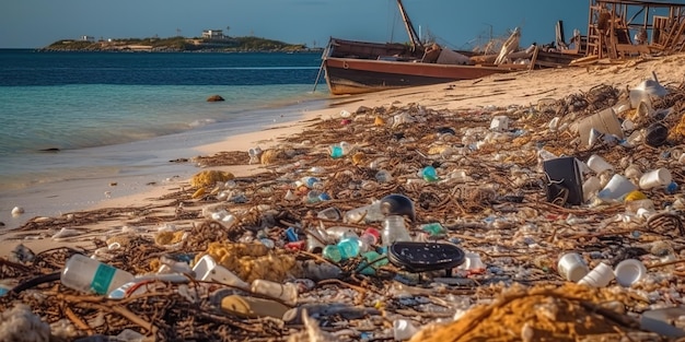 IA generada por IA Ecología generativa daños ecológicos catástrofe Mucha basura plástica basura en la playa