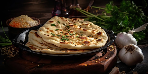 IA generada IA Generativa Comida tradicional india ajo naan pan recién horneado