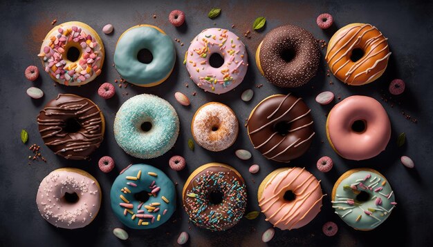 IA generada de icono de donuts dulces y coloridos realistas con glaseado de diferente color